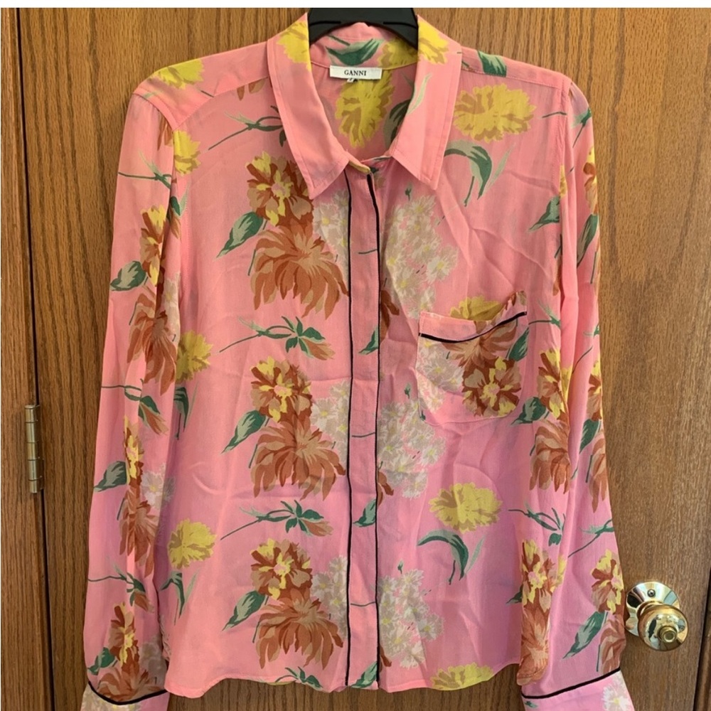 Ganni Pink Floral Buttondown Top
